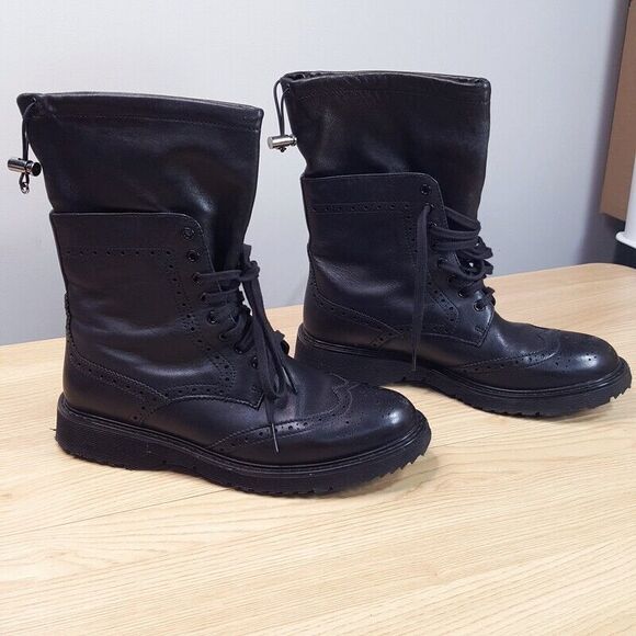 PRADA Combat Boots Womens 39.5 Black Leather Brogue Lace Up - Picture 1 of 7